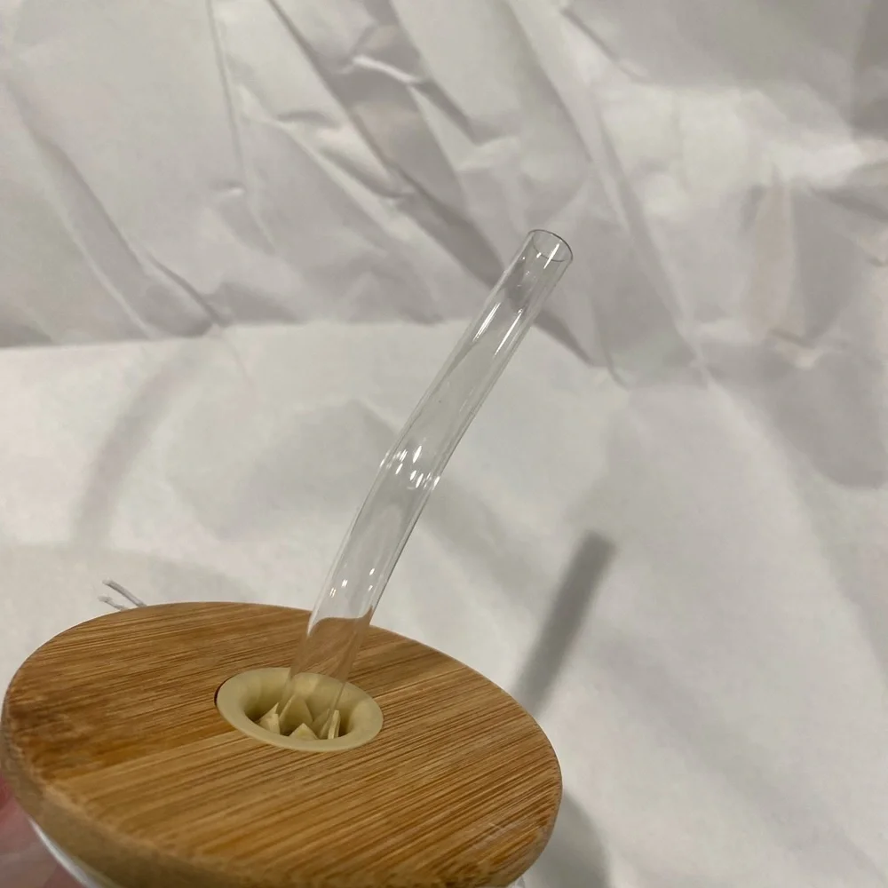 Set of mushroom reusable  glasses with glass straws! 15.2 oz each, wooden lid…